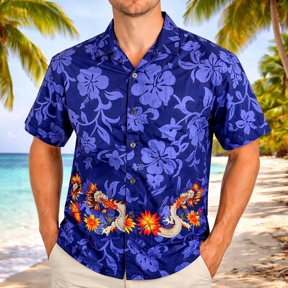 Hilo Hattie Hawaiian Aloha Shirt Medium Dragons Serpents Tropical Flowers